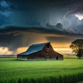 a barn in a field with a storm coming in the background and a tree in the foreground with a dark sky and clouds above with Royalty Free Stock Photo