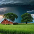 A Barn In A Field With A Storm Coming In The Background And A Tree In The Foreground With A Dark Sky And Clouds Above With