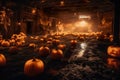 A barn filled with lots of pumpkins sitting on the floor. AI generative image.