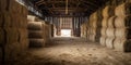 barn filled with neatly stacked hay bales ready for winte generative AI