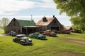 a barn, filled with vintage cars and trucks, surrounded by rolling green fields