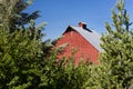 Barn framed by trees,