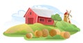 Barn. Garden and rolling hills. Rural farm landscape with windmill and straw. Cute funny cartoon design illustration Royalty Free Stock Photo