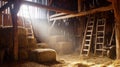 A barn with hay and a ladder. Generative AI Royalty Free Stock Photo