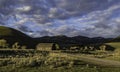 Barn on the hill in the morning sun at Yellowstone National park Royalty Free Stock Photo