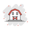 Barn icon in comic style. Farm house cartoon vector illustration on white isolated background. Agriculture storehouse splash Royalty Free Stock Photo