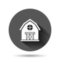 Barn icon in flat style. Farm house vector illustration on black round background with long shadow effect. Agriculture storehouse