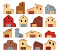 Barn icon set. Farmyard architecture buildings. Cartoon farm sheds. Wooden stables in rustic retro style. Vector