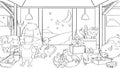 Barn Interior Farm Sketch for coloring. Cow Dog Duck Sheep Rooster Hen Pig pumpkin Corn eggplant pepper