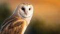 a barn owl with a brown and white face and a blurry background