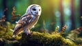 Barn owl sit on stump in autumn forest - Tyto alba