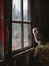 a barn owl is sitting on the hay in front of a window Royalty Free Stock Photo