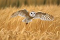 barn owl with spread wings, flying over golden wheat field