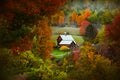 Barn in rural Vermont nestled between fall foliage