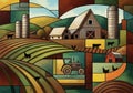 Barn, silos, tractor, fields, and farm animals like cows and Royalty Free Stock Photo