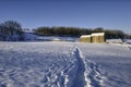 Barn in snowy landscape