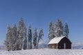 Barn on snowy rise in the open. Royalty Free Stock Photo