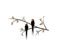 Barn swallow silhouette on branch, vector. Two birds silhouettes on autumn branch isolated on white background. Minimalist art Royalty Free Stock Photo