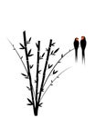 Barn swallow silhouette on branch, vector. Two birds silhouettes on bamboo tree isolated on white background. Minimalist art Royalty Free Stock Photo