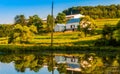 Barn and trees reflecting in a small pond on a farm in rural York County, Pennsylvania. Royalty Free Stock Photo