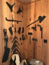 A barnwall with assorted antique wood working tools Royalty Free Stock Photo