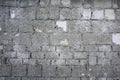 Barn wall made of limestone bricks glued with mortar. Rough unplastered concrete and stones construction background, vignetting