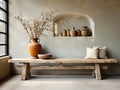 Barn wood rustic bench against window near aged old stucco wall. Farmhouse interior design of modern entrance hall. AI