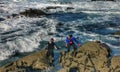 Barnacle fishermen work in Galicia in an area with lots of waves and underground sea