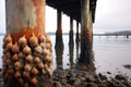 barnacles on a pier piling during high tide