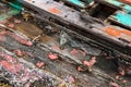 Barnacles on wooden wreckage boat