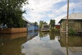 Flood. The river Ob, which emerged from the shores, flooded the outskirts of the city.Boats near the houses of residents.