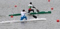 Barnaul, Russia - May 22, 2021: Italian athlete Tacchini C. Bulgarian athlete A. Kodinov competing in C1 M event in 2021 ICF Canoe
