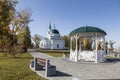 Barnaul, Upland park with the Church of St. John the Baptist at autumn day