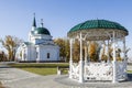 Barnaul, Upland park with the Church of St. John the Baptist and a gazebo at autumn day.