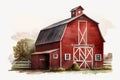 Barnyard Beauty, Vintage Red Barn Watercolor Illustration, Isolated on White Background - Generative AI Royalty Free Stock Photo