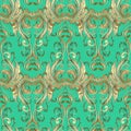 Barogue vintage 3d seamless pattern. Vector floral green background. Surface gold flowers, leaves, swirls, scrolls. Antique