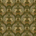 Barogue vintage 3d seamless pattern. Vector floral green background. Striped gold flowers, leaves, swirls, scrolls. Antique