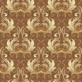 Barogue vintage gold 3d seamless pattern. Vector floral background. Surface golden flowers leaves, swirls, scrolls. Antique