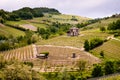 Barolo Langhe and Roero vineyards hills. Springtime landscape, Nebbiolo, Dolcetto, Barbaresco red wine. Viticulture in Piedmont,