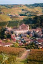 Barolo village view from the vineyard. Autumn landscape langhe nebbiolo vineyards hills. Viticulture Piedmont, Italy. Royalty Free Stock Photo