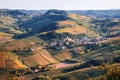 Barolo village view from the vineyard. Autumn landscape langhe nebbiolo vineyards hills. Viticulture Piedmont, Italy. Royalty Free Stock Photo