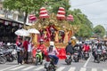 Barong figure and Balinese people on street ceremony in Gianyar, island Bali, Indonesia