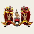 Barongsai Lion Dancers And A Drummer Vector Illustration