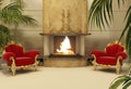 Baroque armchairs with fireplace in royal interior Royalty Free Stock Photo