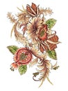 Baroque art brown color watercolor Jacobean Paisley Damask Ethnic abstract flower botanical bouquet for wallpaper, fabric,