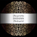 Baroque background with antique, luxury black and gold vintage frame, victorian banner, damask floral wallpaper ornaments, invitat Royalty Free Stock Photo