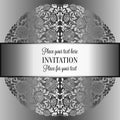 Baroque background with antique, luxury silver and gray vintage frame, victorian banner, damask floral wallpaper ornaments, invita Royalty Free Stock Photo