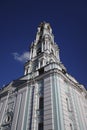 Baroque bell tower in the territory of Trinity Monastery of St. Sergius. Sunny day view.