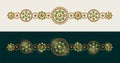 Baroque border motif like bracelet. Ornament made of gold chains, green gems.