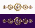 Baroque border motif like bracelet. Ornament of gold jewelry chains, purple gems